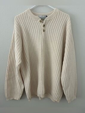 VTG Henley Knit Sweater 100% Cotton 90s Cream USA Made Bill Blass Sz M Fisherman